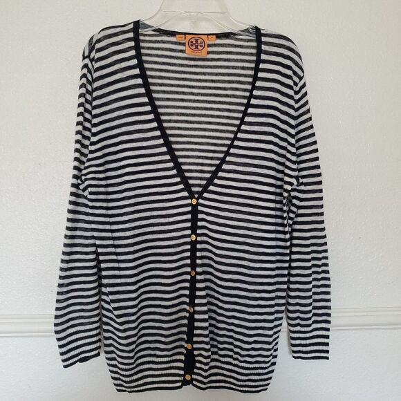 Tory Burch Cardigan black striped Linen Cotton Blend Size M Buttons Deep V Neck - Picture 1 of 16
